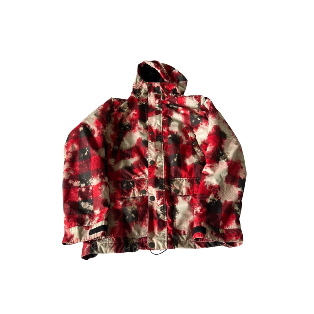 Burton Snowboard Jacket Mens Red Acid Wash Buffalo Plaid Insulated Hooded Coat